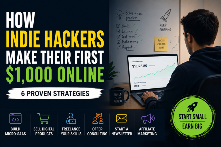 How indie hackers make their first $1,000 online using digital products, Micro-SaaS, freelancing, consulting, newsletters and affiliate marketing